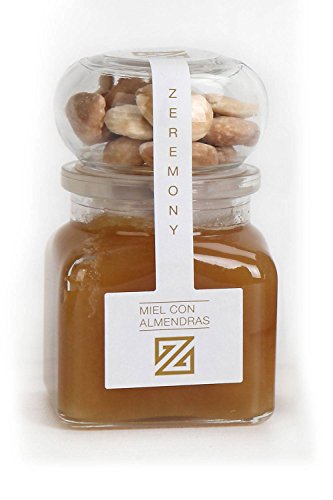 Pack de tarro cuadrado de Miel multi floral con Almendras de Zeremony para regalar en eventos (Pack 24 ud)