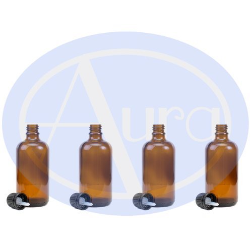 PACK of 4 - 100ml AMBER GLASS Bottles with Black Tamper Evident Caps & Droppers. Essential Oil / Aromatherapy Use.