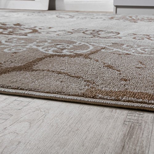 Paco Home Alfombra De Diseño Moderna Mezclada Floral con Estampado Meandro De Círculos Beige Y Crema, tamaño:60x100 cm