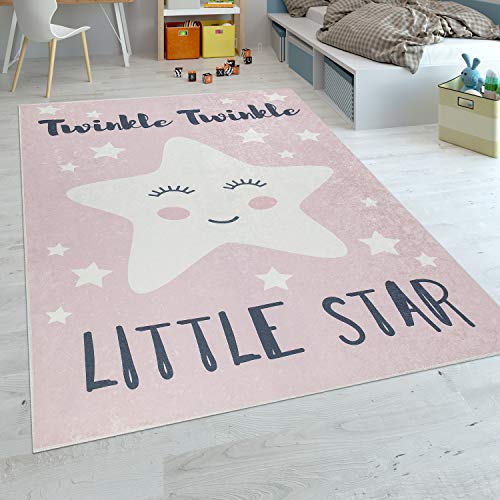 Paco Home Alfombra Habitación Infantil Niña Lavable Estrella Adorable Frase Rosa Blanco, tamaño:120x160 cm