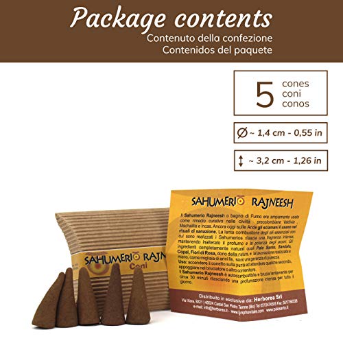 Palo Santo Conos Sahumerios Rajneesh - Compuestos de palo santo, sándalo, copal y flores de rosa - Conos perfumados calidad chamanica - Ideales para yoga y meditación - Paquete de 5 conos