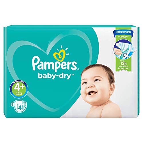 Pampers Baby-Dry tamaño 4+, 41 pañales, 10-15 kg, paquete esencial, canales de aire para una sequedad transpirable durante la noche