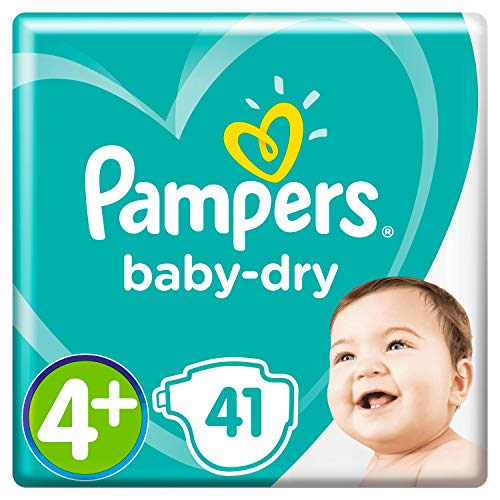 Pampers Baby-Dry tamaño 4+, 41 pañales, 10-15 kg, paquete esencial, canales de aire para una sequedad transpirable durante la noche