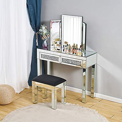 Panana - Mesa Tocador Cristal 2 Cajones con Tiradores Cómodas Pasillo Guarda Maquillajes Cosméticos Lámpara Fotos Flores Casa Dormitorio Salón Belleza Sala Entrada Moderna Lujosa (Modelo Diamantes)