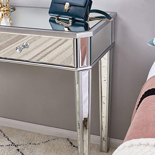 Panana - Mesa Tocador Cristal Reflejado 2 Cajones con Tiradores Cómodas Pasillo Guarda Maquillajes Cosméticos Lámpara Fotos Flores Casa Dormitorio Salón Sala Entrada Moderna Lujosa