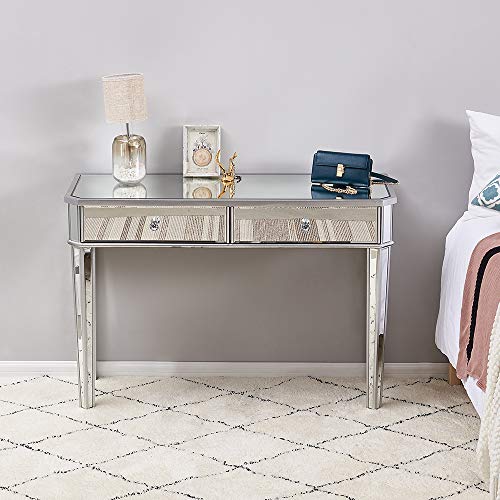 Panana - Mesa Tocador Cristal Reflejado 2 Cajones con Tiradores Cómodas Pasillo Guarda Maquillajes Cosméticos Lámpara Fotos Flores Casa Dormitorio Salón Sala Entrada Moderna Lujosa