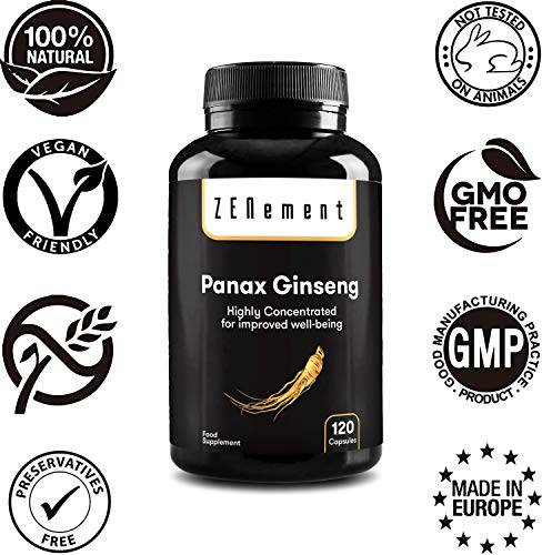 Panax Ginseng 2375mg, 50mg de Ginsenósidos, 120 Cápsulas | Mejora la concentración, memoria y resistencia atlética | 100% Natural, Vegano, No-GMO, GMP, sin aditivos, sin Gluten | de Zenement
