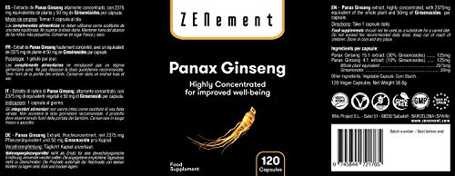 Panax Ginseng 2375mg, 50mg de Ginsenósidos, 120 Cápsulas | Mejora la concentración, memoria y resistencia atlética | 100% Natural, Vegano, No-GMO, GMP, sin aditivos, sin Gluten | de Zenement