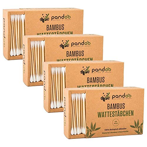 pandoo Hisopos de Algodón y Bambú Biodegradables de Cultivo Orgánico | Bastoncillo Ecológico y Versátil | Aplicadores Sostenibles y Compostables | Resistencia al Agua | 4 Cajas de 200 (800) - 7.5 cm