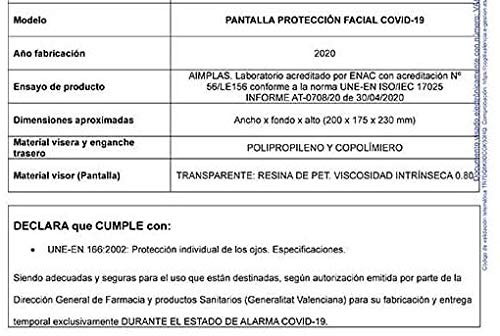 Pantalla de Protección Facial - UNE-EN 166:2002 - Campo de visión completo - Fabricado en España (1, Adulto)