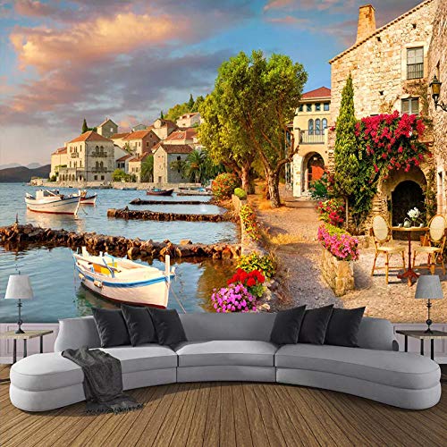 Papel pintado Paisaje de la pequeña ciudad del puerto 3D 200x150 cm tejido no tejido Decoración de Pared decorativos Murales Para sala de estar TV fondo pared