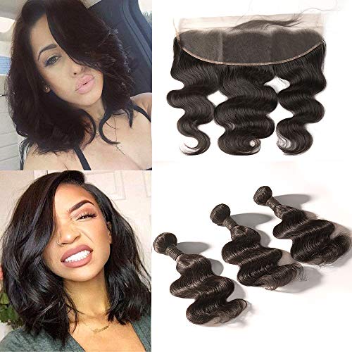 Paquete de 3 paquetes de cabello humano virgen brasileño sin procesar, de Blisshair, con cierre frontal de encaje de oreja a oreja de 13 x 4 pulgadas, color natural (8 8 8 + 8 pulgadas frontal)