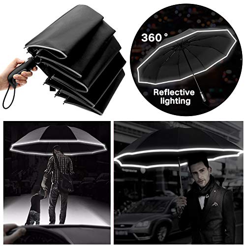 Paraguas Compacto y Resistente al Viento, Paraguas Plegable Paraguas Automático con Apertura y Cierre Automático, Paraguas de Viaje y Rayas Reflectantes Nocturnas JAANY