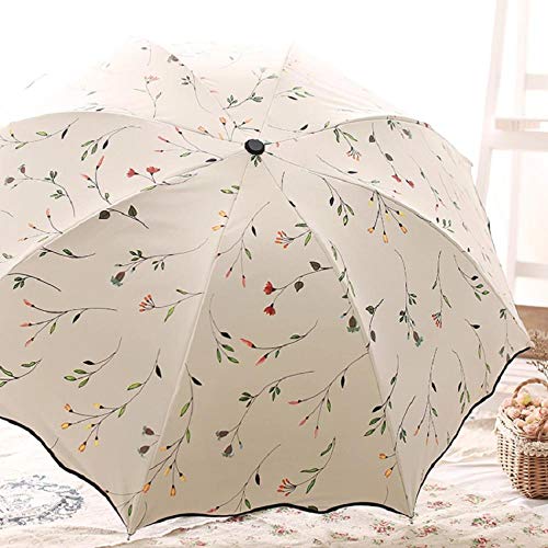 Paraguas de sol Plástico negro protector solar lluvia Parrilla de doble uso Paraguas de tres veces Súper fuerte Paraguas plegable anti-UV Chica viento Flor de sol Paraguas de cuatro colores Flor blan