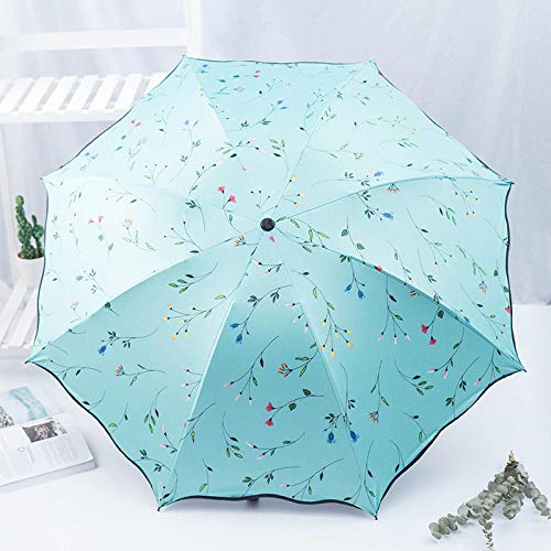 Paraguas de sol Plástico negro protector solar lluvia Parrilla de doble uso Paraguas de tres veces Súper fuerte Paraguas plegable anti-UV Chica viento Flor de sol Paraguas de cuatro colores Flor blan