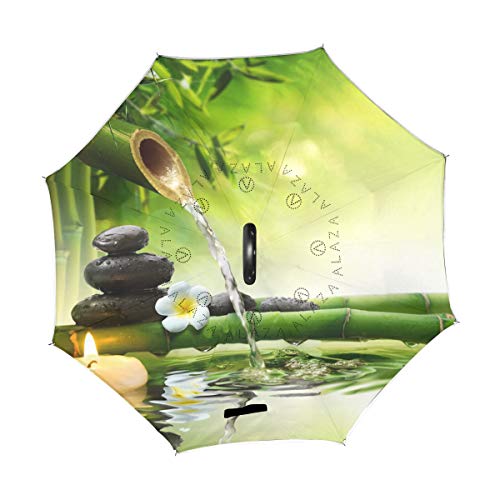 Paraguas invertido de doble capa, piedras de spa en jardín con flujo de agua anti-UV a prueba de viento paraguas de viaje con mango en forma de C