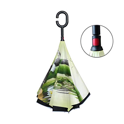 Paraguas invertido de doble capa, piedras de spa en jardín con flujo de agua anti-UV a prueba de viento paraguas de viaje con mango en forma de C