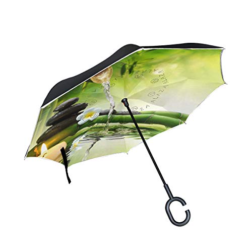 Paraguas invertido de doble capa, piedras de spa en jardín con flujo de agua anti-UV a prueba de viento paraguas de viaje con mango en forma de C