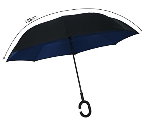 Paraguas invertido Plegable ADVERS Inverso Reverso Doble Capa Innovador Compacto Mango Forma C Resistente Tira Funda Viento Antiviento Negro Impermeable Coche Regalo Mujer Hombre Grande (Azul Marino)