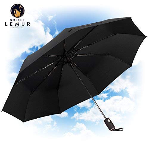Paraguas Plegables Automático Antiviento. Paraguas Originales Mujer y Hombre Ligero Resistente y Compacto. Varillas Fibra de Vidrio Tela Reforzada 210T. Garantía Calidad. GOLDEN LEMUR. (Negro, 9 SEG)