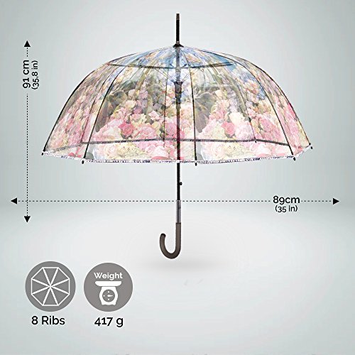 Paraguas Transparente Mujer - Paraguas Clásico de Burbuja Automatico - Estampado Flores - Fantasia a la Moda - Resistente Antiviento - 89 cm de diámetro - Perletti Chic - Morado