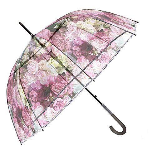 Paraguas Transparente Mujer - Paraguas Clásico de Burbuja Automatico - Estampado Flores - Fantasia a la Moda - Resistente Antiviento - 89 cm de diámetro - Perletti Chic - Morado