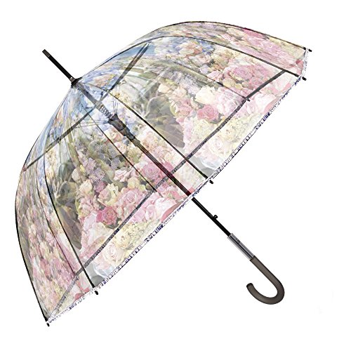 Paraguas Transparente Mujer - Paraguas Clásico de Burbuja Automatico - Estampado Flores - Fantasia a la Moda - Resistente Antiviento - 89 cm de diámetro - Perletti Chic - Rosa