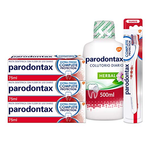 Parodontax Complete Protection Extra Fresh - Pack de 3 Pastas de Dientes con 1 Cepillo de Dientes Suave y 1 Colutorio Diario Herbal