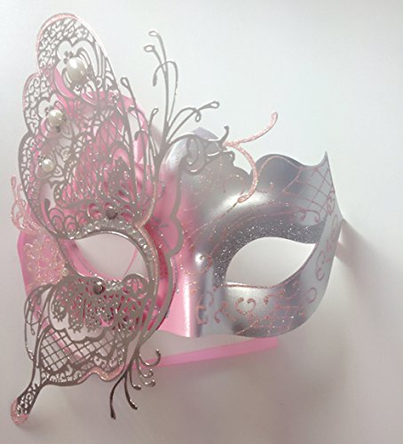 Party Mask - Máscara veneciana para mujer, diseño misterioso de mariposa brillante, para fiesta de máscaras, Halloween y Mardi Gras, metal, Rosa, Large