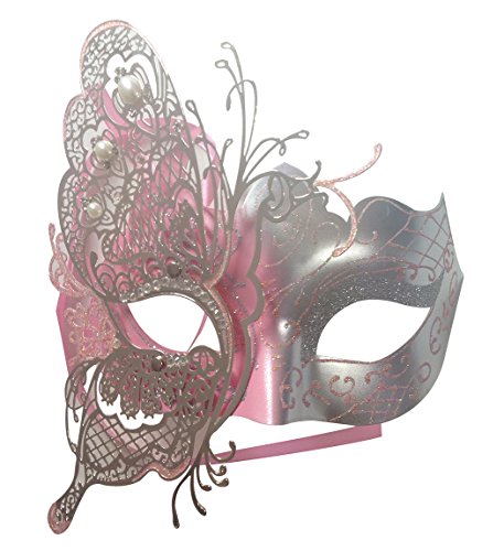 Party Mask - Máscara veneciana para mujer, diseño misterioso de mariposa brillante, para fiesta de máscaras, Halloween y Mardi Gras, metal, Rosa, Large