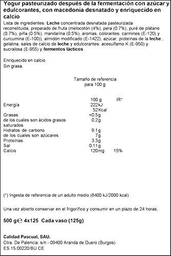 Pascual Yogur Desnatado con Macedonia - Paquete de 4 x 125 gr - Total: 500 gr - , Pack de 6