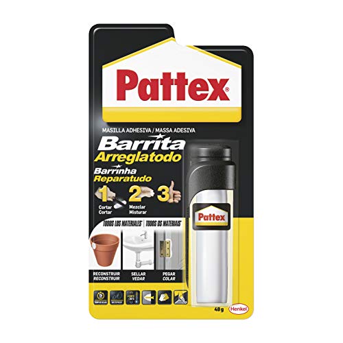 Pattex Barrita Arreglatodo Masilla bicomponente extrafuerte, pasta moldeable para pegar y reparar, resina epoxi barnizable y lijable para múltiples materiales, tubo 48 g
