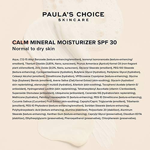 Paula's Choice Calm Crema Hidratante Facial FPS 30 - Protección Solar Mineral Hidrata y Calma la Piel Sensible - con Q10 & Óxido de Zinc - Pieles Normales a Secas - 60 ml