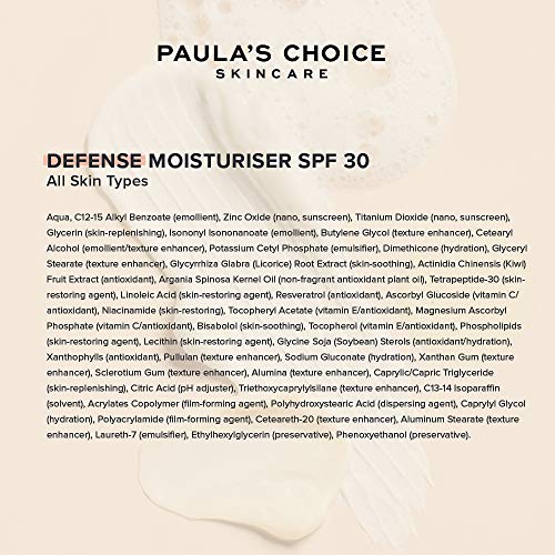 Paula's Choice Defense Glow Crema Hidratante Facial FPS 30 - Protector Solar con Óxido de Zinc - Hidrata y Protege la Piel - con Aceite de Argan - Todos Tipos de Piel - 60 ml