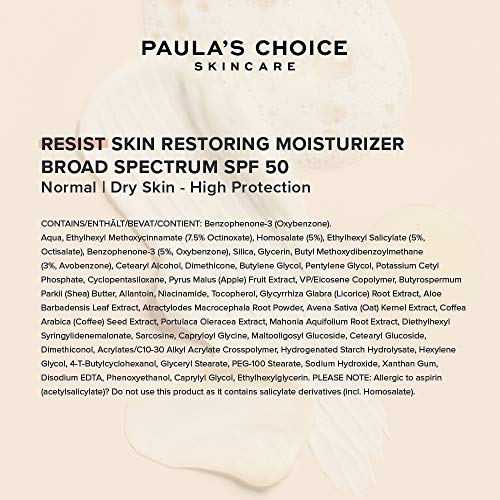 Paula's Choice Resist Crema Hidratante Facial FPS 50 - Crema Solar Antiedad y Antiarrugas para Cara - con Niacinamida - Pieles Normales a Secas - 60 ml