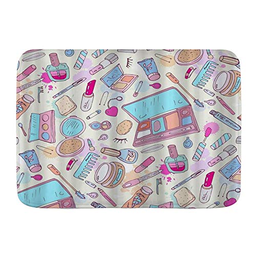 PbbrTK Alfombra de baño Alfombra Antideslizante,Dibujos Animados Lady Cosmetics Pattern Lipstick Sombra de Ojos,Alfombras Modernas de Microfibra para baño Alfombra de baño Suave 29.5"X 17.5"