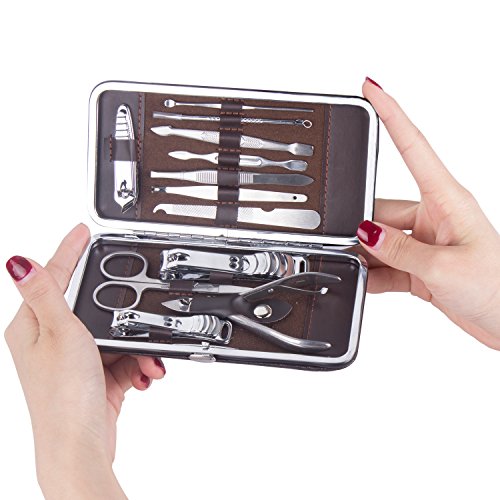 Pedicura Manicura,Diealles Set de Acero Inoxidable de Manicura,Pedicura,Cortauñas,Viajes & Grooming Kit con Funda de PU Piel Marrón (Manicura Pedicura 12 en 1)