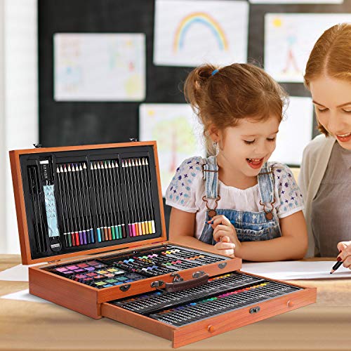 Pedy - 142 pcs Juego de pinturas para niños, maletín de madera, caja de pinturas, lápices de cera, acuarelas, lápices de colores, pasteles al óleo, pasta de aceite, lápices de carbón, paleta, pinceles