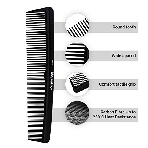 Peine de pelo - un peine de fibra de carbono de peluquería profesional de Majestik +, fuerza y ​​durabilidad, diente medio y fino, negro (MPC-002), con bolsa de producto libre de PVC