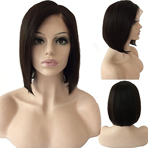 Peluca de pelo humano virgen brasileño 7A liso y sedoso con raya lateral, corte Bob, sin pegamento, color negro natural