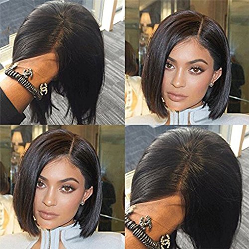 Peluca de pelo humano virgen brasileño 7A liso y sedoso con raya lateral, corte Bob, sin pegamento, color negro natural