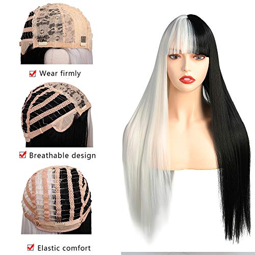 Peluca de pelo largo y liso sedosa recta en parte media de fibra sintética peluca de fiesta de Halloween, cosplay para mujeres y niñas con flequillo natural (mitad blanca/mitad negra,22 pulgadas)