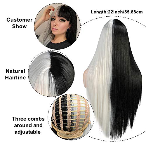 Peluca de pelo largo y liso sedosa recta en parte media de fibra sintética peluca de fiesta de Halloween, cosplay para mujeres y niñas con flequillo natural (mitad blanca/mitad negra,22 pulgadas)