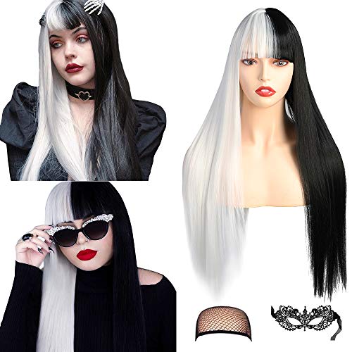 Peluca de pelo largo y liso sedosa recta en parte media de fibra sintética peluca de fiesta de Halloween, cosplay para mujeres y niñas con flequillo natural (mitad blanca/mitad negra,22 pulgadas)