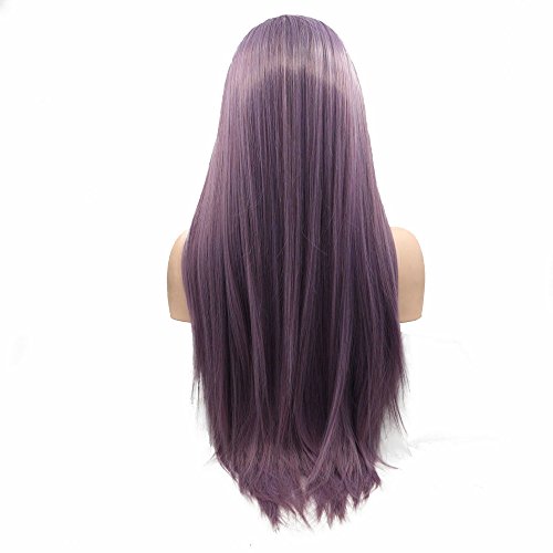 Peluca de pelo natural con parte lateral, color morado oscuro/lila/lavanda, pelo largo de vacaciones, peluca lisa y sedosa, media hecha a mano, alta temperatura, arrastre Queen 61 cm