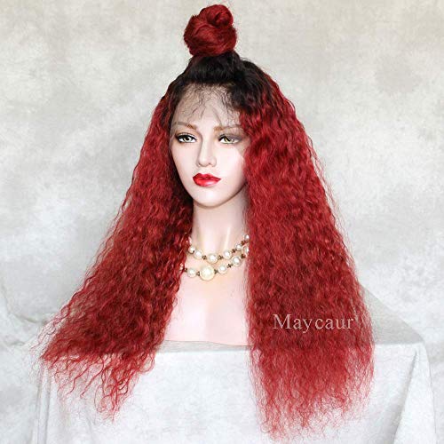 Peluca delantera de encaje natural con pelo de bebe Largo y rizado Encaje completo 1B Ombre Pelucas de cabello humano de color rojo para mujeres negras Densidad 150% (20 pulgadas, peluca lle