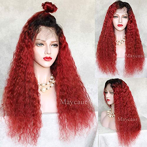 Peluca delantera de encaje natural con pelo de bebe Largo y rizado Encaje completo 1B Ombre Pelucas de cabello humano de color rojo para mujeres negras Densidad 150% (20 pulgadas, peluca lle