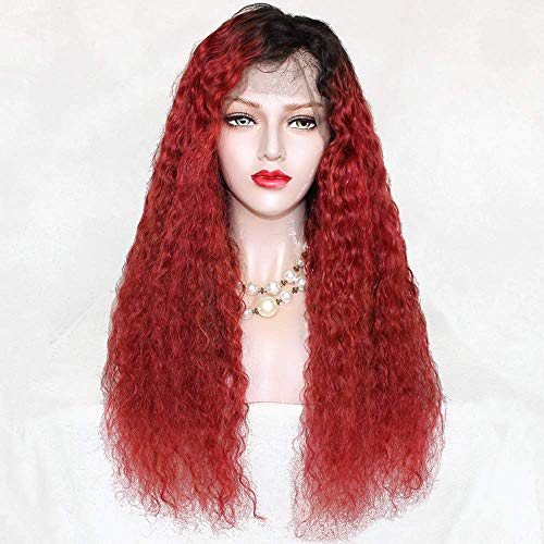 Peluca delantera de encaje natural con pelo de bebe Largo y rizado Encaje completo 1B Ombre Pelucas de cabello humano de color rojo para mujeres negras Densidad 150% (20 pulgadas, peluca lle