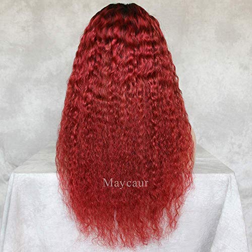 Peluca delantera de encaje natural con pelo de bebe Largo y rizado Encaje completo 1B Ombre Pelucas de cabello humano de color rojo para mujeres negras Densidad 150% (18 pulgadas, peluca lle