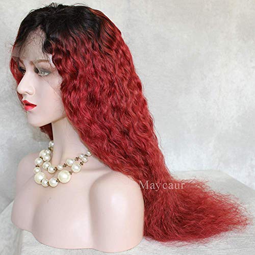 Peluca delantera de encaje natural con pelo de bebe Largo y rizado Encaje completo 1B Ombre Pelucas de cabello humano de color rojo para mujeres negras Densidad 150% (18 pulgadas, peluca lle